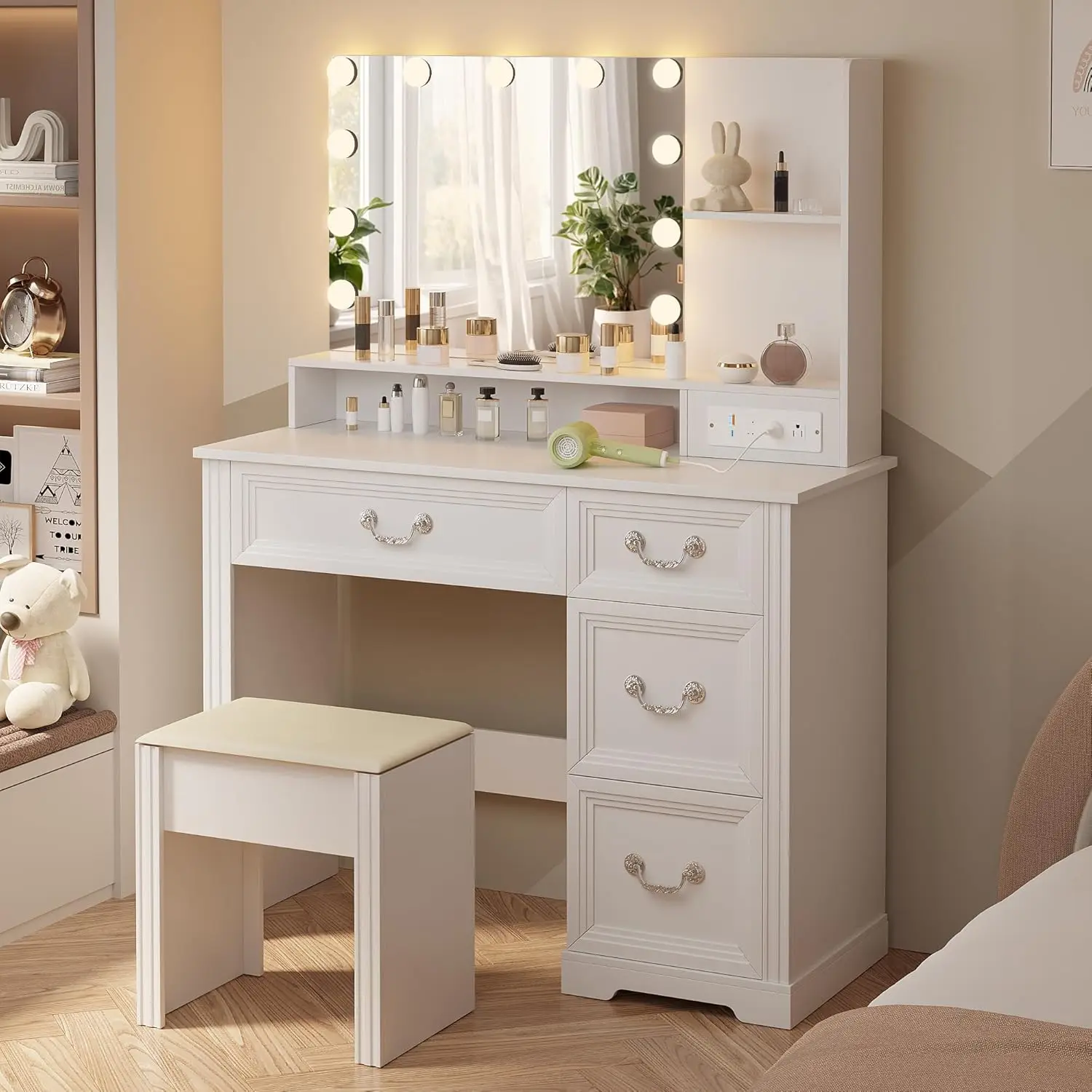 

Vanity Desk with Mirror Light and Power Outlet, 39 inch Farmhouse Makeup Table Set with Stool, 3 Color Adjustable Lights Bedroom