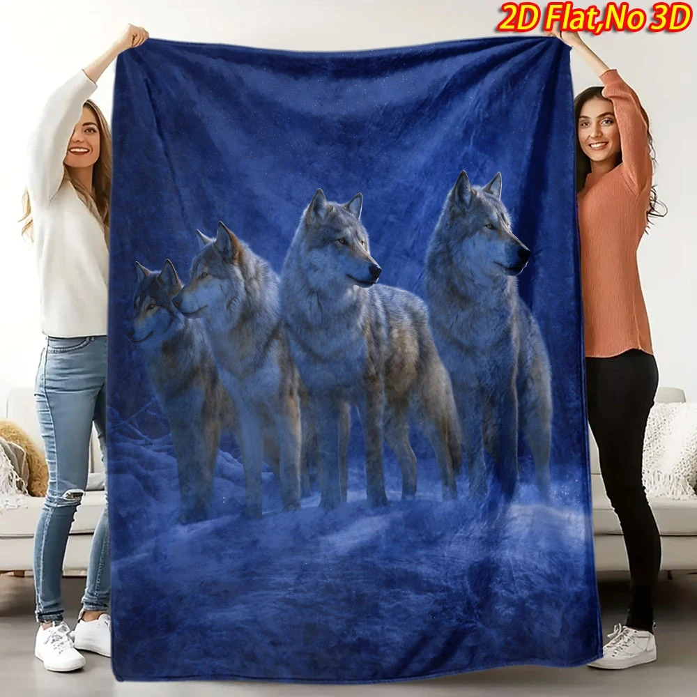 Wolf Pack Deep Blue Night Scene Print Flannel Blanket, Soft Warm Bed Blanket for Sofa Bedroom Camping Wildlife Decor Gift