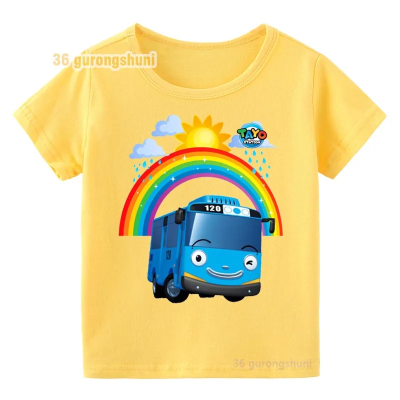 T-shirt dla dzieci dla chłopców dziewcząt ubrania dla dzieci tshirt dziewczyna Cartoon Korea Tayo mały autobus graficzny z krótkim rękawem żółte