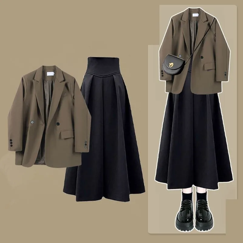 Women Autumn Winter New Casual Blazers Jacket Dress Matching Set 2024 Korean Elegant Suit Coat+high Waist Skirt Two-piece Suits