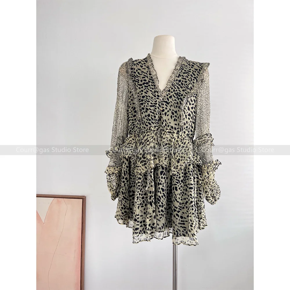 Vintage niche lantern sleeve dress printed ruffle chiffon V-neck drawstring skinny short skirt