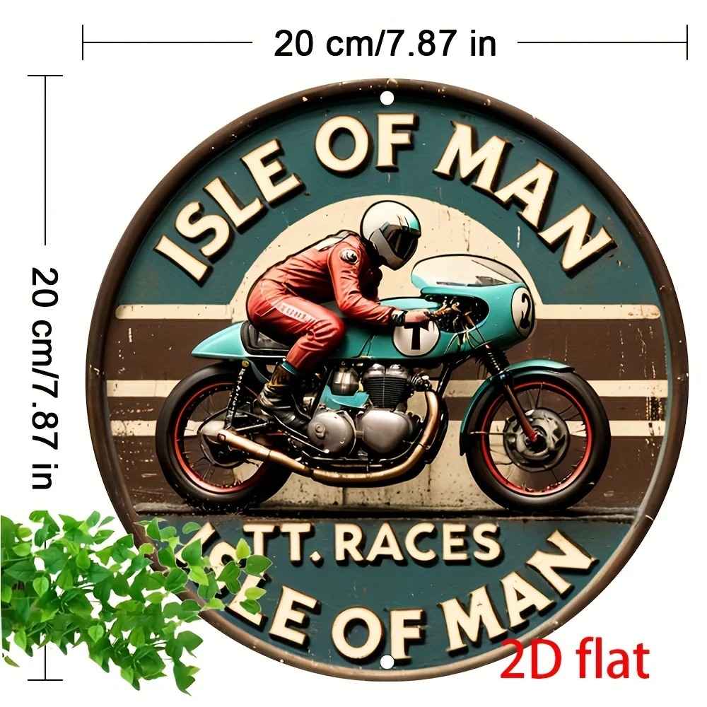 2D Flat-1pc Retro Manx TT Race Metal Sign - ديكور حائط دائري من الألومنيوم، تصميم كلاسيكي للدراجات النارية، طراز عتيق