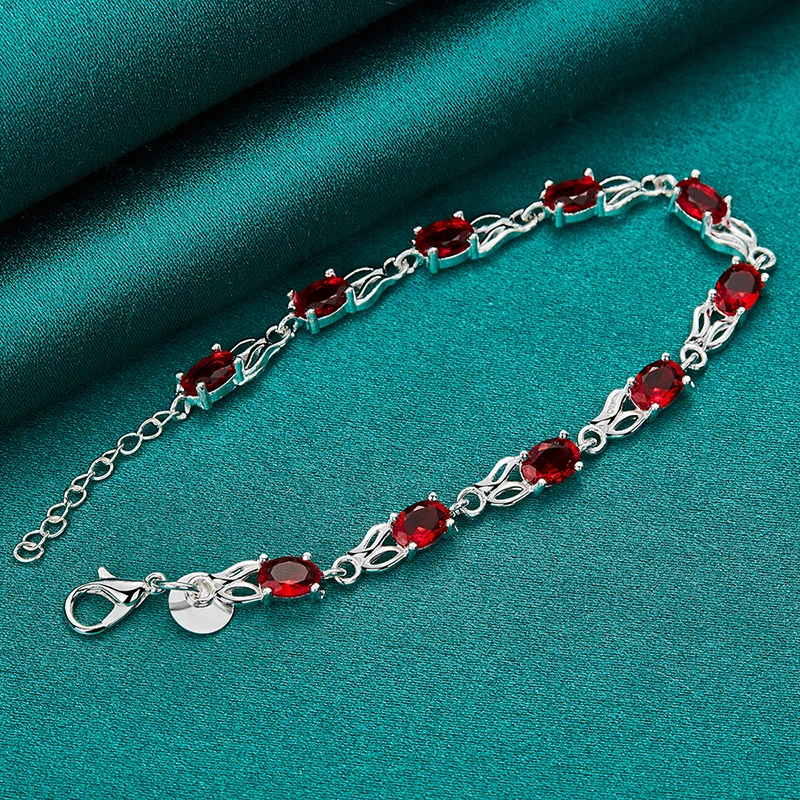 925 Sterling Silver Red AAA Zircon Rabbit Chain Bracelet For Women Fashion Party Engagement Wedding Birthday Gift Charm Jewelry