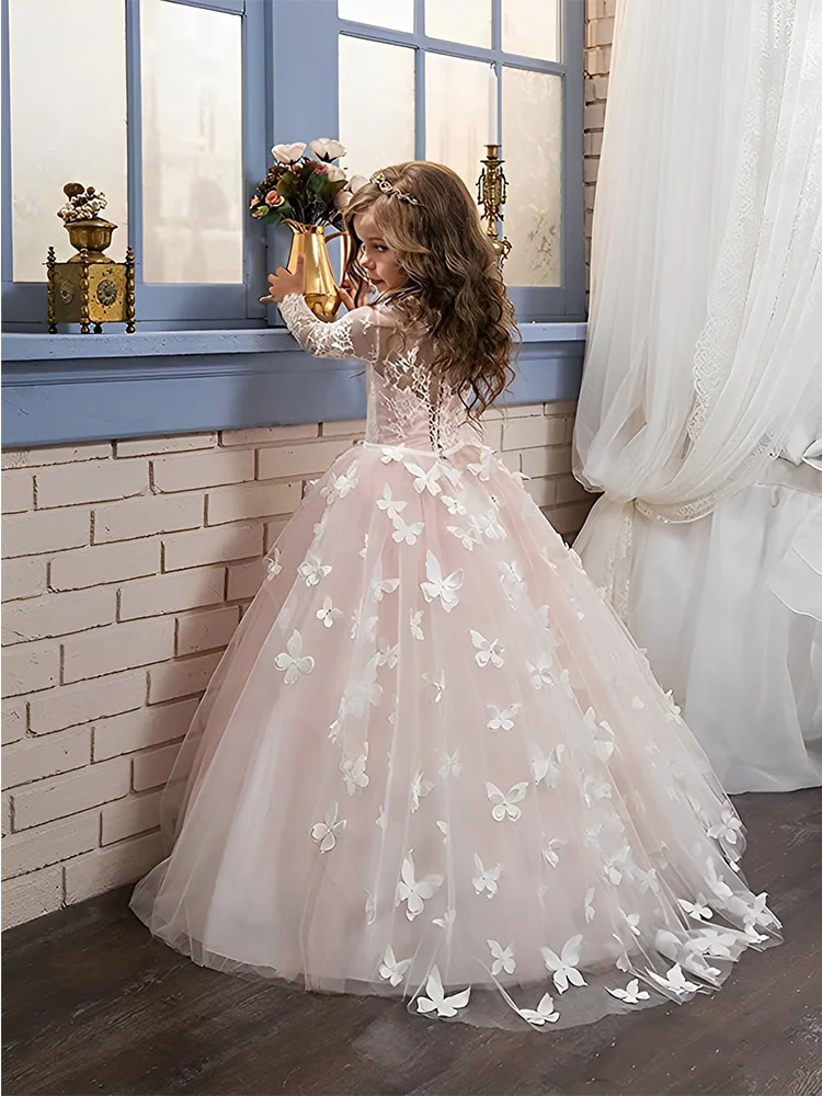 

HYGLJL Cute Flower Girl Dresses Princess Lace Tulle Photo Wedding Party Dress Long Sleeve Prom Ball Gown