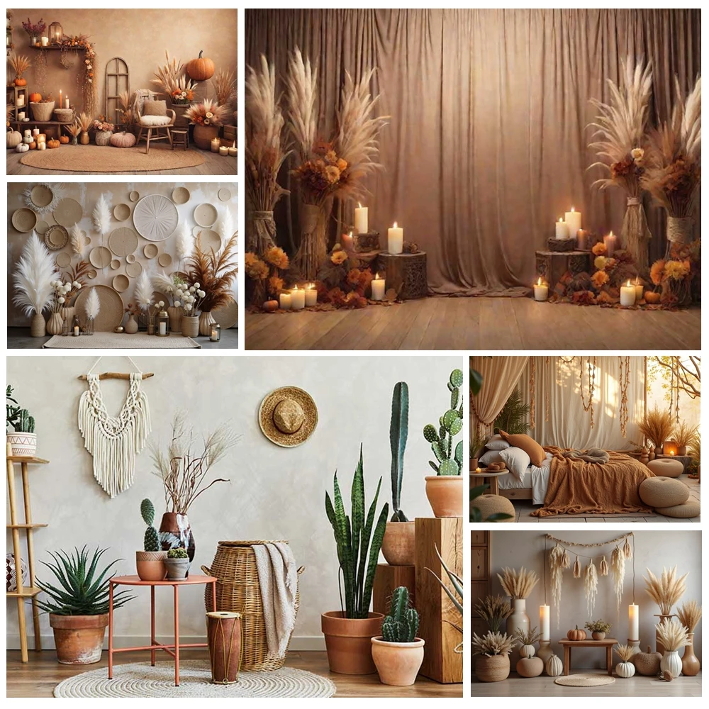 

MOON.QG BohemianBoho Backdrop Autumn Floral Bouquets Pampas Grass Photographic Background Photo Studio Decoration Photozone