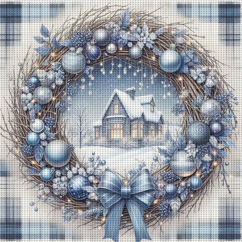 Blau kariertes Weihnachtskranz-Kreuzstich-Set zum Selbermachen, 11Ct Stickerei-Kreuzstich-Set für Heimwanddekoration und Geschenke, handgefertigte Materialien, rahmenlos (halbgefertigtes Produkt)