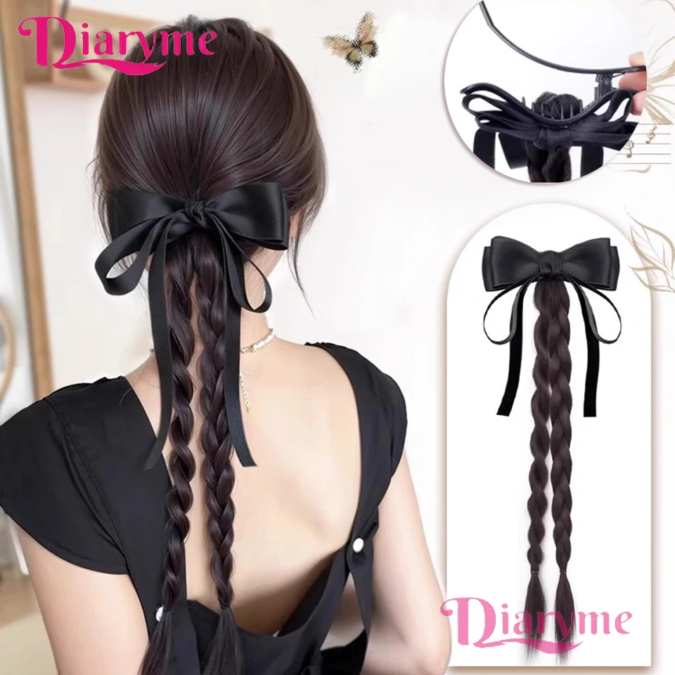 

Synthetic Bow Claw Clip High Ponytail with Double Twist Braid Long 18 Inch Hairpieces New Chinese Ponytail Accessories Wig