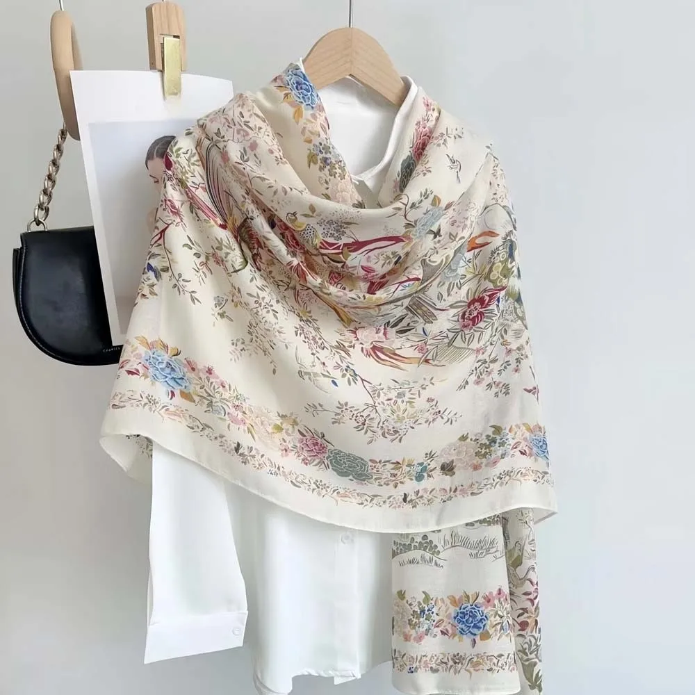 Breathable Women Floral Scarf Long Polyester Thin Large Shawl Sweat-absorption Lightweight Sunscreen Headscarf