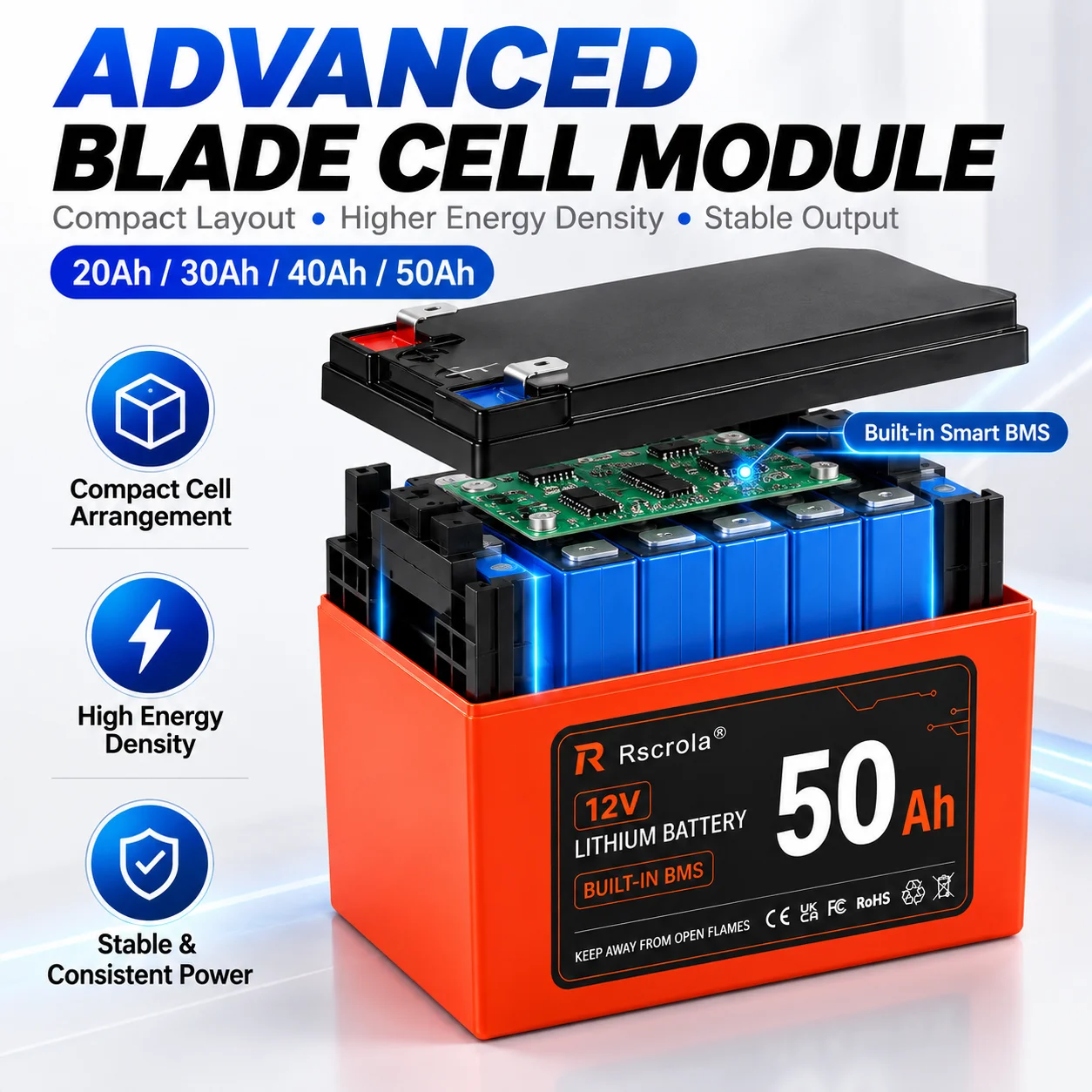 12V Lithium Battery 20Ah 30Ah 40Ah 50Ah Rechargeable Blade Cell Battery with Smart BMS for Sprayer Ride On Toy Camping Light