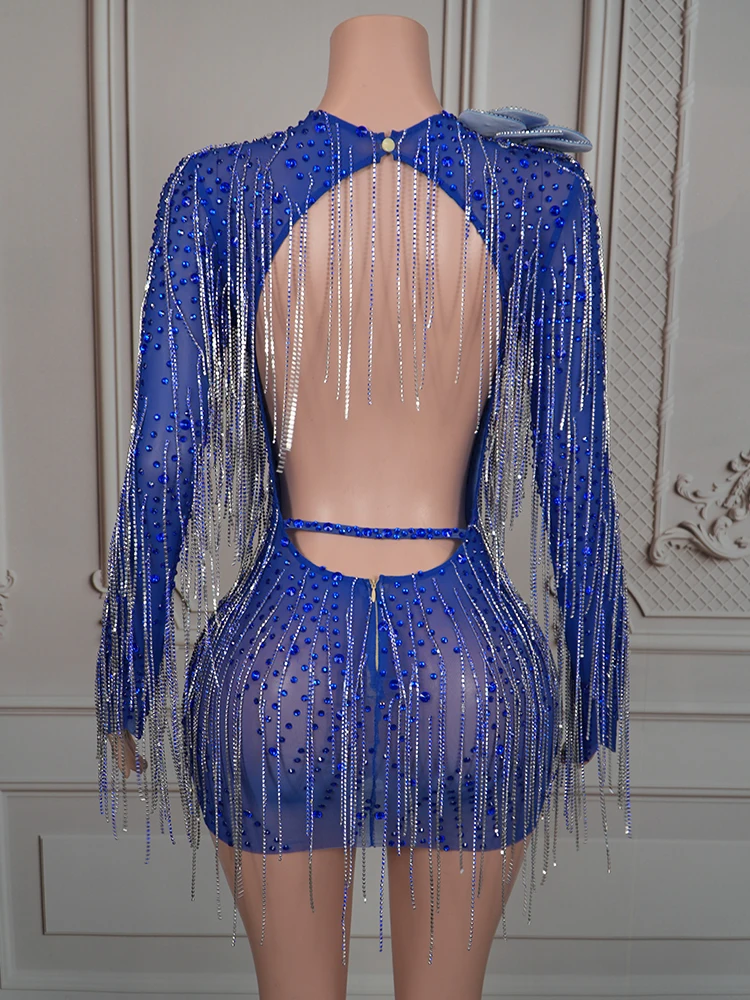 Zwarte Fringe Prestaties Jurk Sexy Backless Lange Mouwloze Jurken Zanger Stadiumkostuum Nachtclub Bar Party Rave Outfit 4461