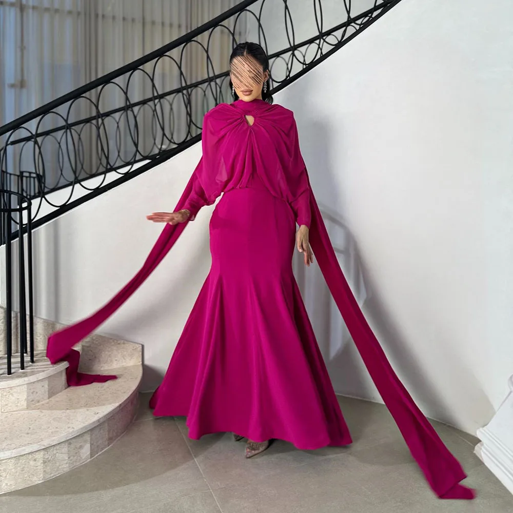 

Customzied A-Line Prom Dresses Floor-Length High-Neck Full Sleeve Evening Gown Simple Fashion Stole Draped Casual Party Gown