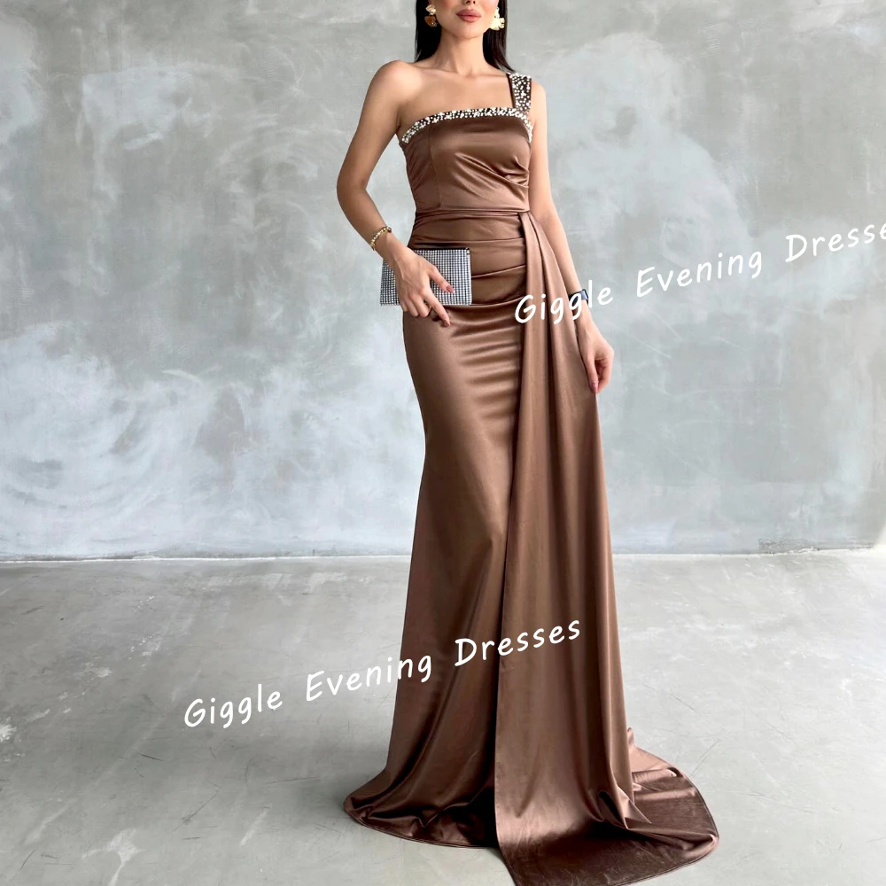 Giggle Satin One-Shoulder Beading Elegance Prom Gown Saudi Close-Fitting Arab Floor-Length Evening Party Dresses for Women 2024