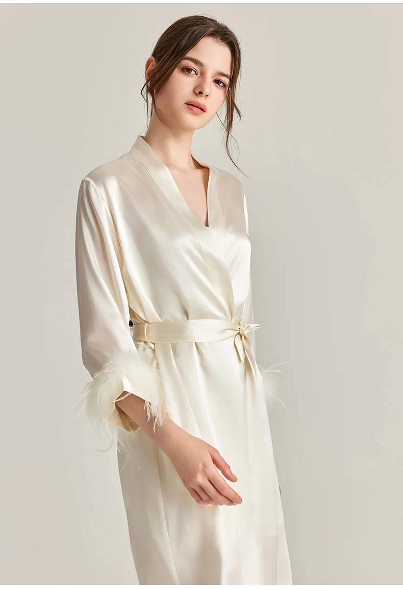 Winsleter, Sexy Feather Night-robe, Women 3/4 Sleeve Solid, French Comfortable Pajamas Robe, 2024 Summer Autumn New P47047QC