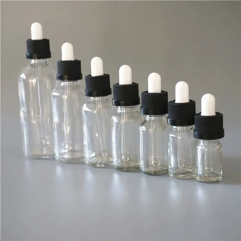 

5/10/15/20/30/50/100ml Reusable Clear Essential Oil Bottle White Rubber Head Dropper Black Anti theft Cap Glass Container