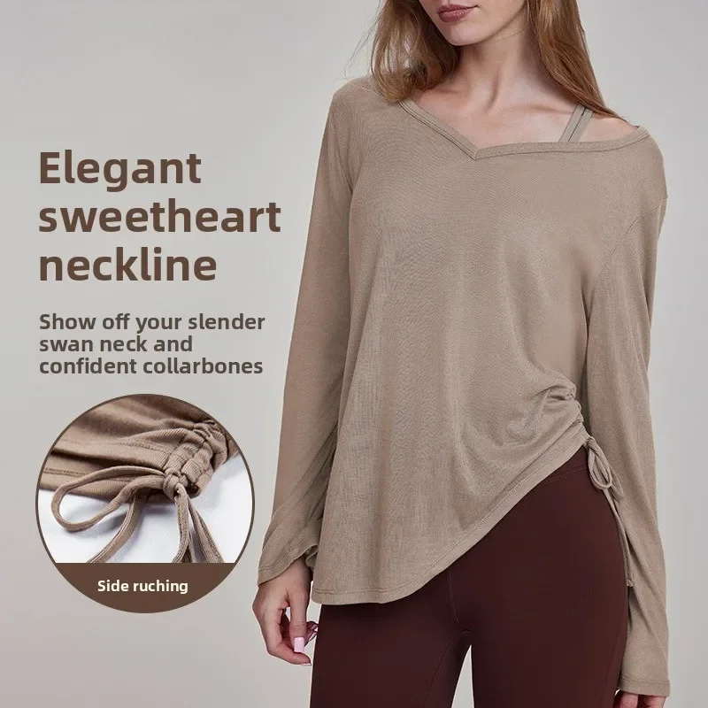 

Yoga Tunic - Drawstring Ruffle Long Sleeve, Loose Fit Autumn Fitness Cover-Up Women