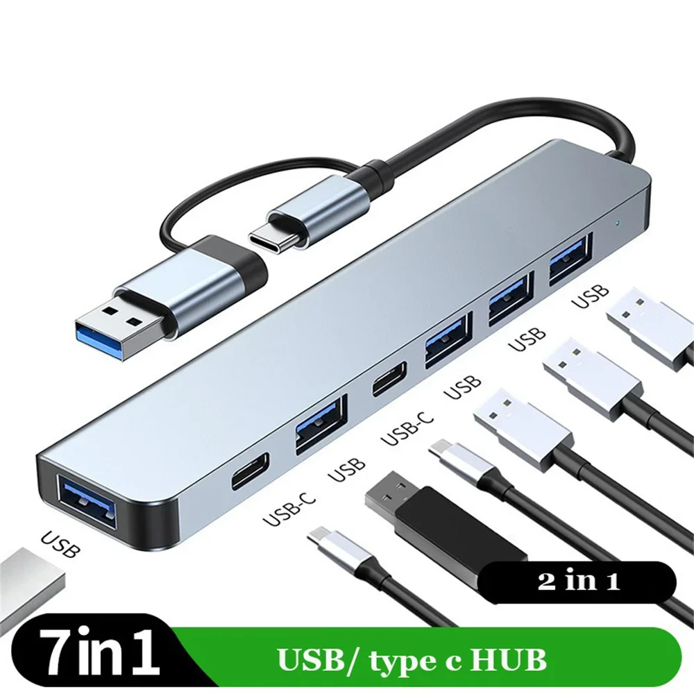 7 Ports USB A C Hub Concentrator 3.0 2.0 Type Multi Adapter Multi-hub Dock Splitter Laptop PC Computer Extension Accessories