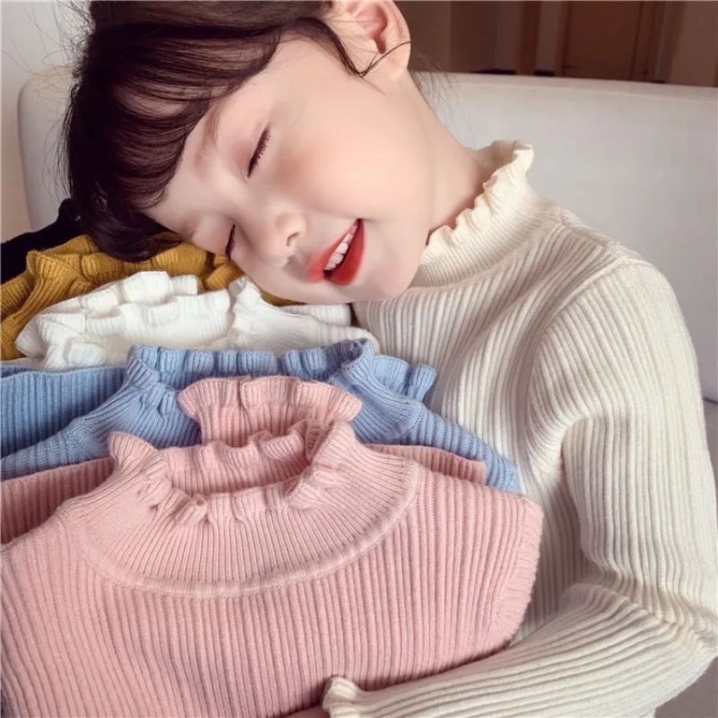 

Pull overs CottonKids Winter Clothes Baby Girls Knitted Sweater Cute Knitted Bottoms High Neck Inside Sweaters Turtleneck Top