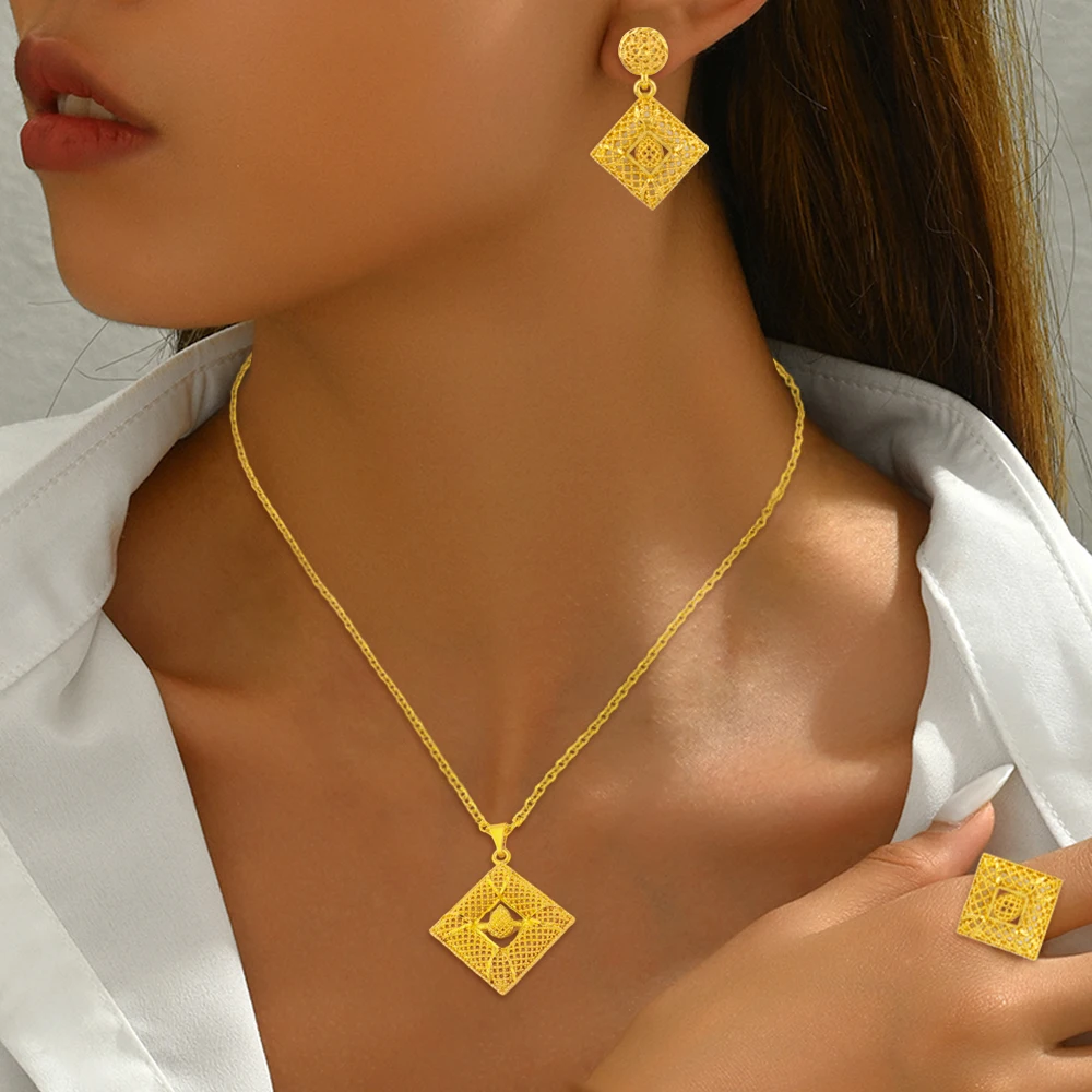 

YM Gold Color Hollow Out Women Jewelry Set Mid East Dubai Earrings Ring Nigeria Necklace Jewelry Wholesale Gift for Mother's Day