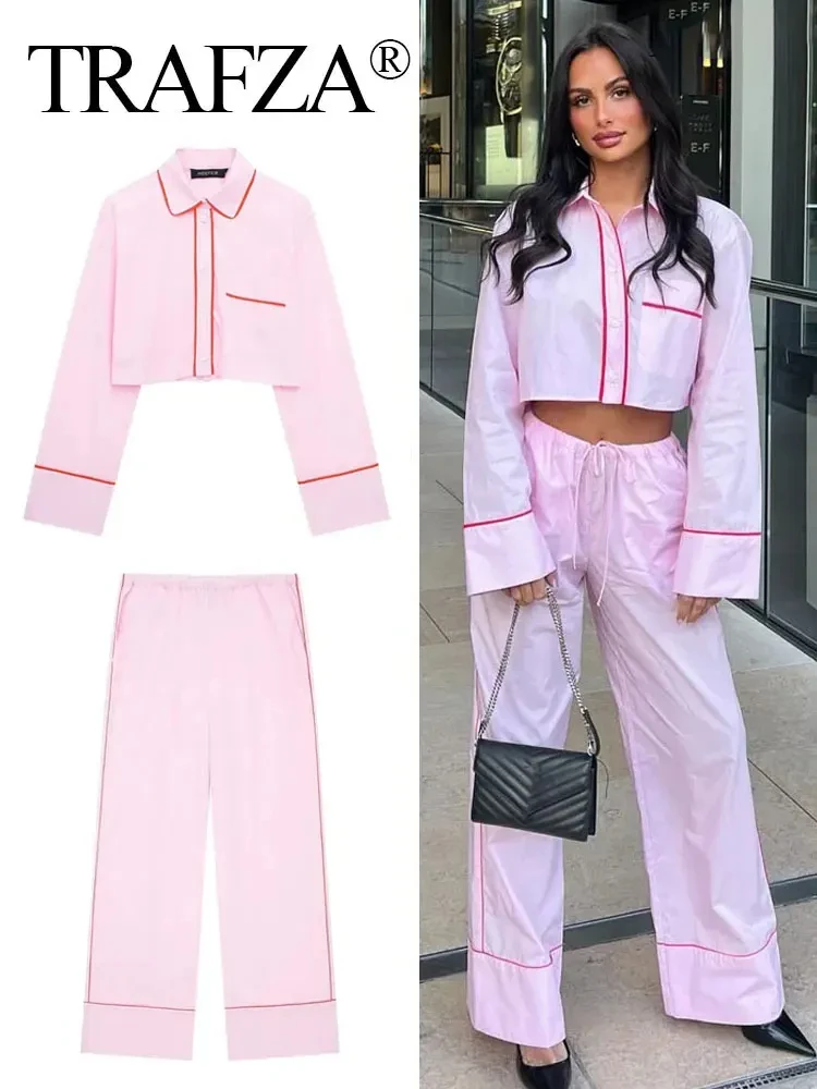 TRAFZA Women Elegant Pink Blouse Pant Sets Single Breasted Long Sleeve Shirt + Drawstring Trouser Fashion Y2K High Street Outfit