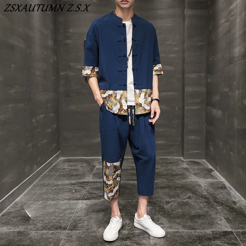 New Chinese Suit Men's Summer Cotton and Linen Short Sleeve Men's Fashion Chinese Style Leisure Youth Han Culture Tang Suit Set