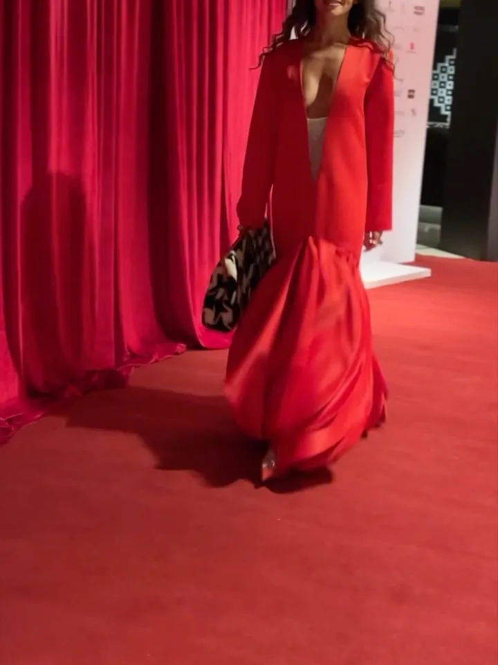 Red Satin V‑Neck Floor‑Length Evening Gown with Sheer Underdress – Blazer Formal Dress for Red Carpet, Prom Glamour Long Dress