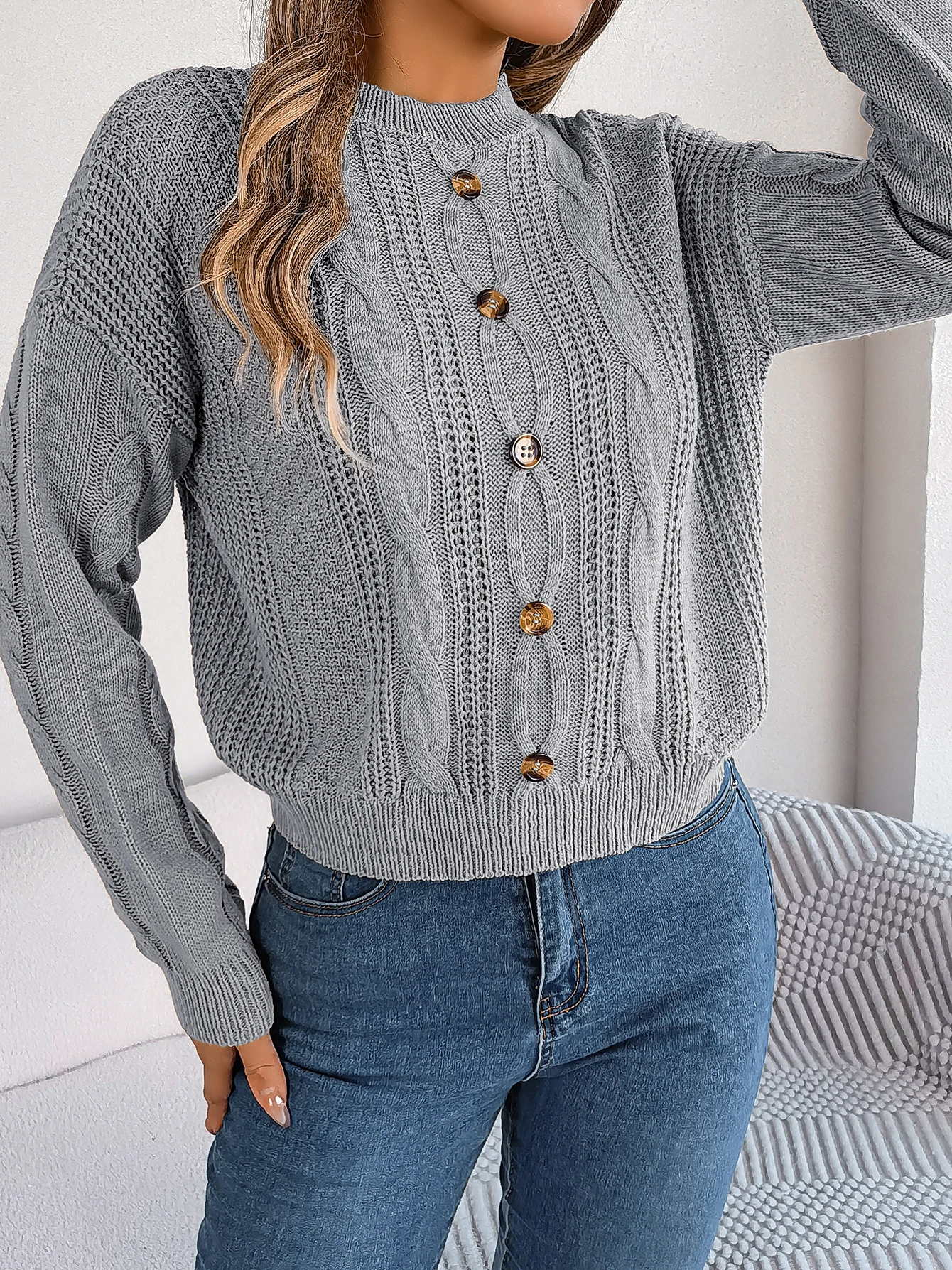 Fashion Pullovers And Sweaters Women 2023 Autumn Winter Casual Buttons Long Sleeve Knitwear White Gray Green