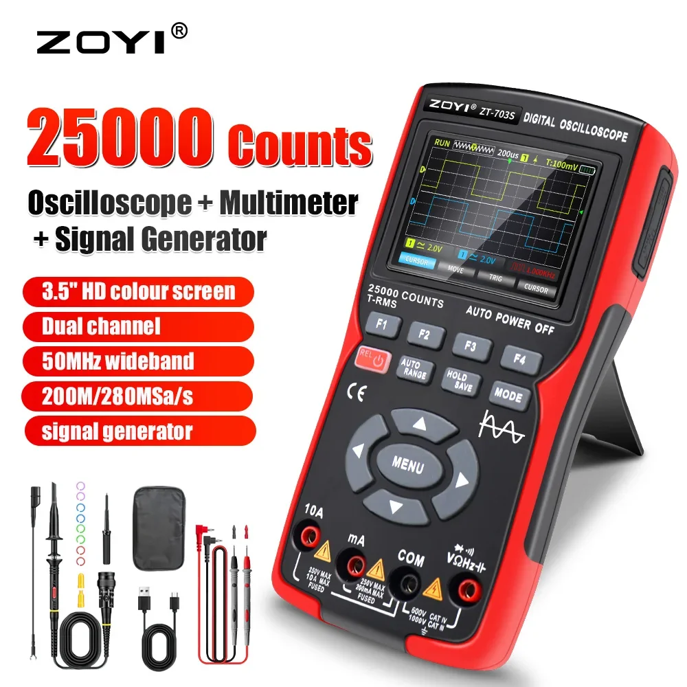 ZOYI ZT703S Multimetr cyfrowy 3w1 50MHz Szerokość pasma 280MS Stawka PC Przechowywanie danych Podwójny oscyloskop Generator sygnału