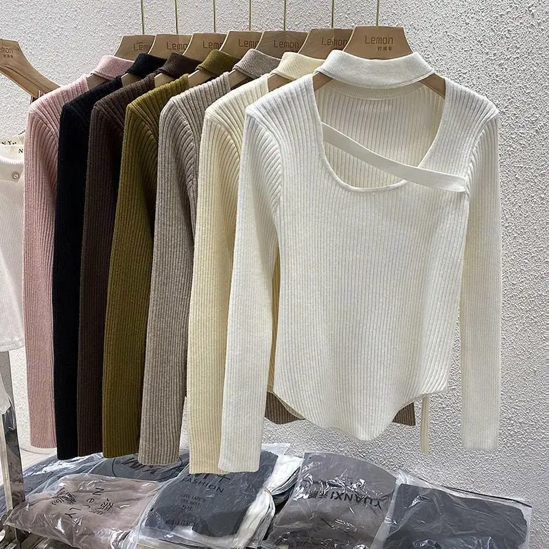 Einzigartige Gestrickte Pullover Frauen Pullover Mode Langarm Mock Neck Aushöhlen Stricken Pullover Pullover Frauen Tops Strickwaren Q1763