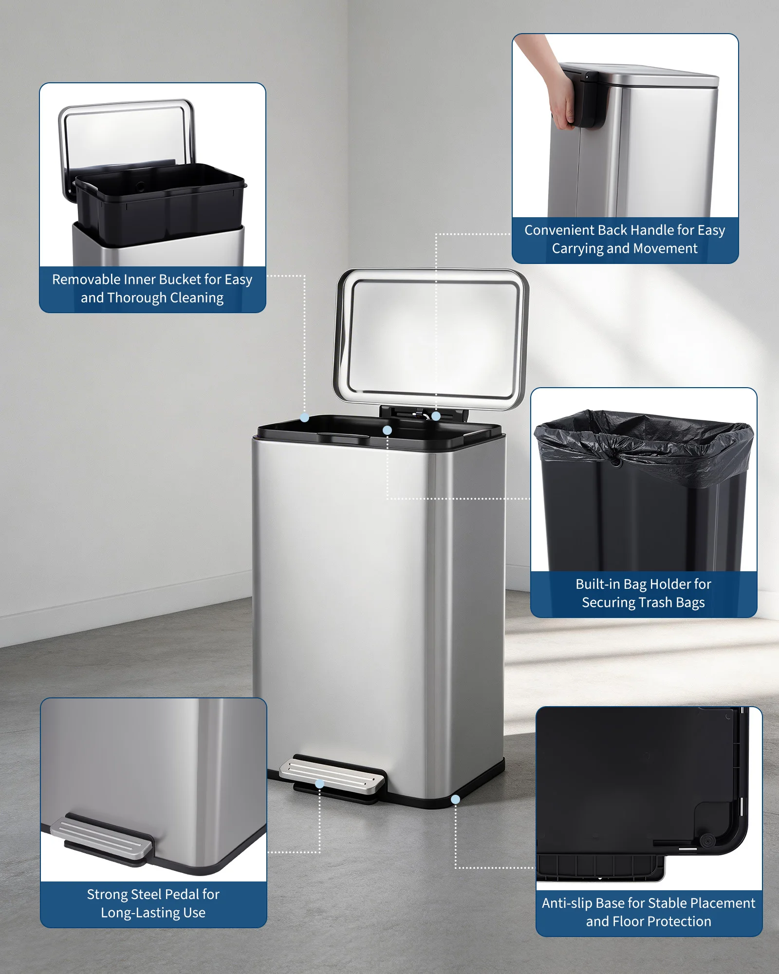 Soft-Close Lid & Foot Pedal Kitchen Trash Can – 13.2 Gallon Stainless Steel Garbage Bin – Removable Inner Bucket – Anti-Fingerprint, Ideal for Home, Office, Bathroom – Horizontal