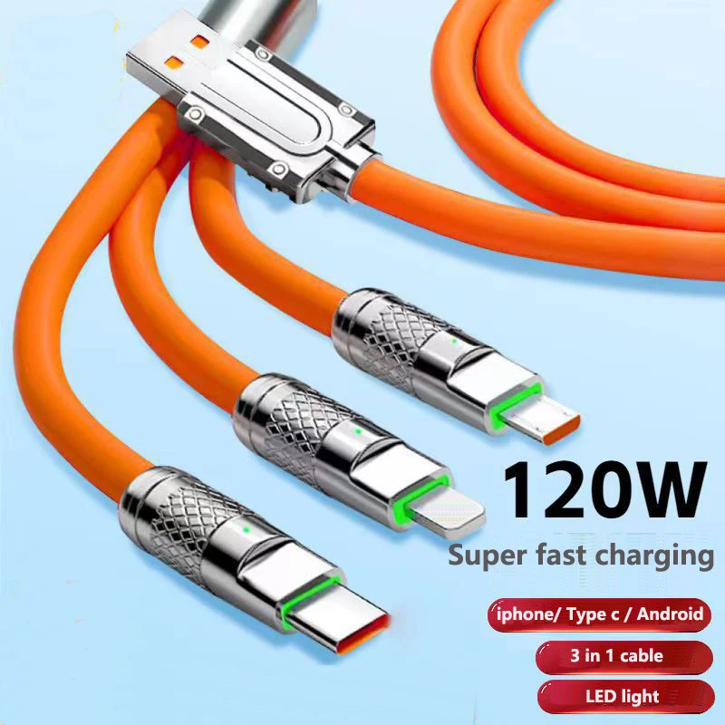 Kabel do szybkiego ładowania USB 6A 120W 3 w 1 do iPhone\'a 15 Micro USB Type-C 8-stykowy żel krzemionkowy Ładowarka Cabo do Huawei Samsung Xiaomi