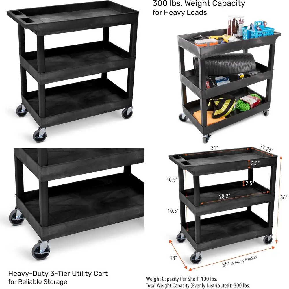 Wózek narzędziowy na kółkach z 3 półkami o udźwigu 136 kg - Idealny do przechowywania w garażu i biurze