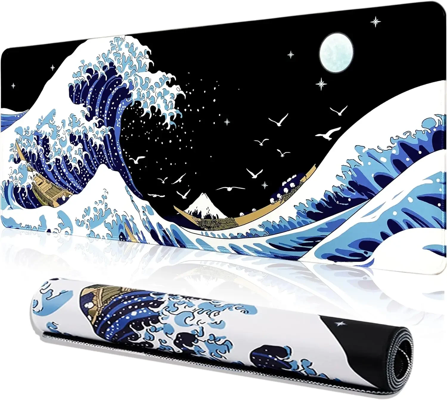 Gaming Mouse Pad,Sea Wave Big Mice Pad PC Keyboard and Non-Slip Super Large Computer Rubber Table Mat,Kanagawa Surfing and Black