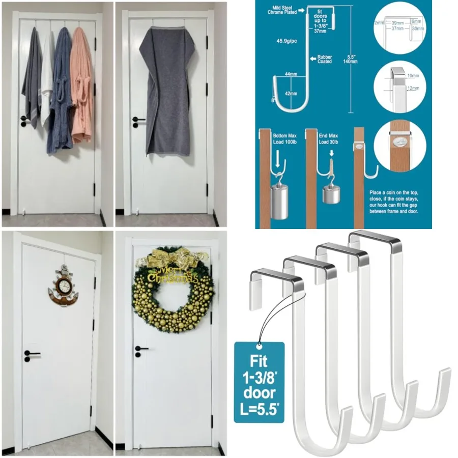 

Крючки над дверью 4 шт. L = 5,5 подходят для 1, 3, 8 дверей, стальные с белым резиновым покрытием, вешалка для полотенец, одежды, вешалка для ванной комнаты R