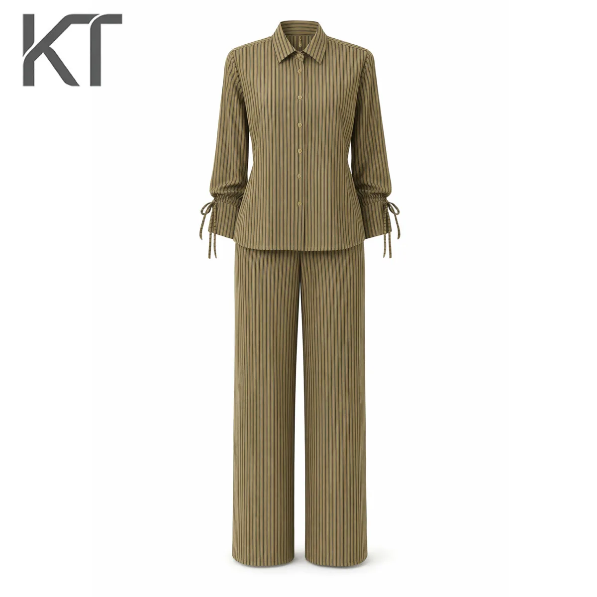 

Новый женский костюм KT 26: рубашка с воротником-стойкой и завязками на рукавах, брюки с высокой талией и широкими штанинами, офисный повседневный комплект в стиле пинстрайп цвета хаки