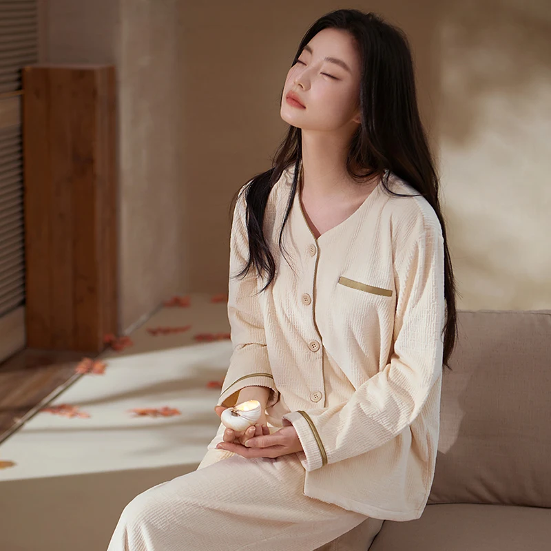 Women's Pajamas V-Neck Island Fleece Autumn Winter Pyjamas Female Pijamas Mujer Sleepwear Long-Sleeve Solid Lounge Sleep Set
