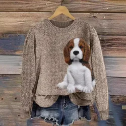 Sudadera con capucha de cuello redondo para mujer, top cómodo de manga larga con estampado digital de aguja gruesa 3D, tejido de aguja gruesa para perro, novedad de 2024