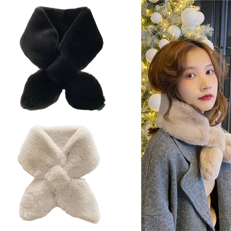 Korean Style Women Winter Faux Fur for Cross Bib Scarf Pure Solid Color Fluffy Plush Loophole Bow Shawl Wrap Windproof Neck DXAA