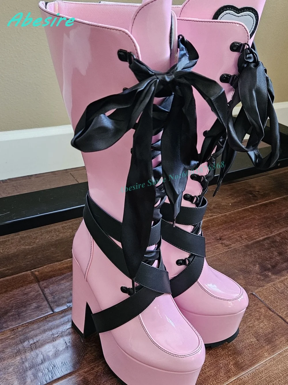 Pink Patent Leather Knee High Boots Chunky Heel Cross Wrap Strap Heart Decoration Women's Boots Sweet Gothic Lolita Punk Shoes