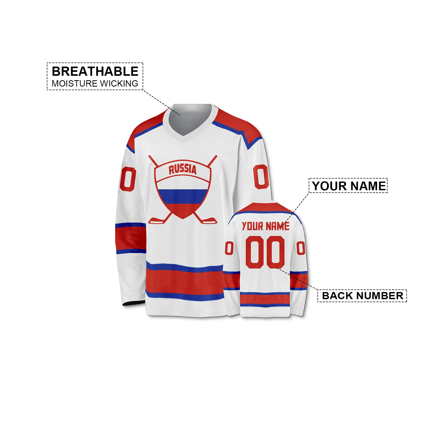 Russia Custom Ice Hockey Jersey with Name Number 3D Printed Personalized Russian Team Shirt Men Women Youth Kids Hockey Uniform