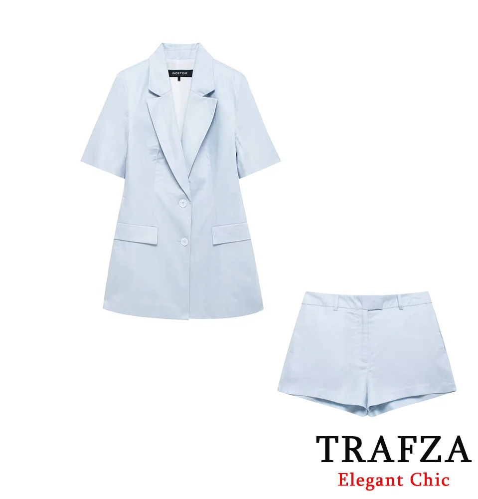 TRAFZA Office Lady Casual Short-Sleeves Blazer Set Women\'s Lapel Blazer and Shorts Set New 2024 Summer Solid Blazer Suit