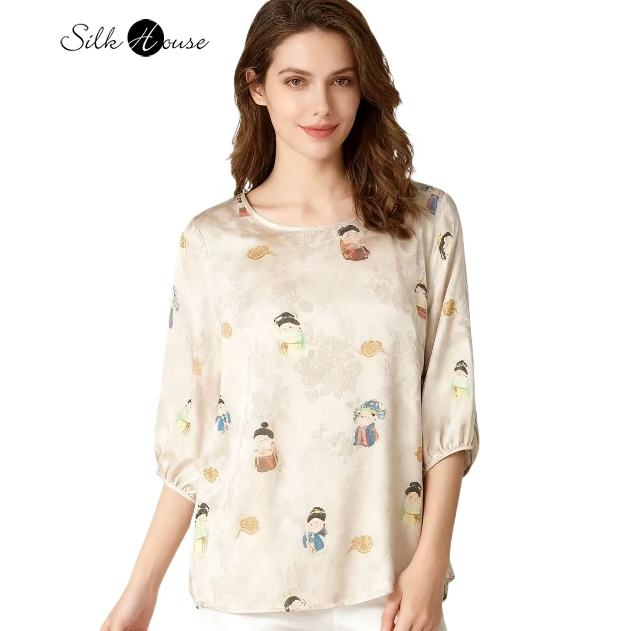 

Women's Casual New 19MM 100% Natural Mulberry Silk Lantern Sleeve Round Neck Loose Versatile Little Tang Dynasty Printed T-shirt
