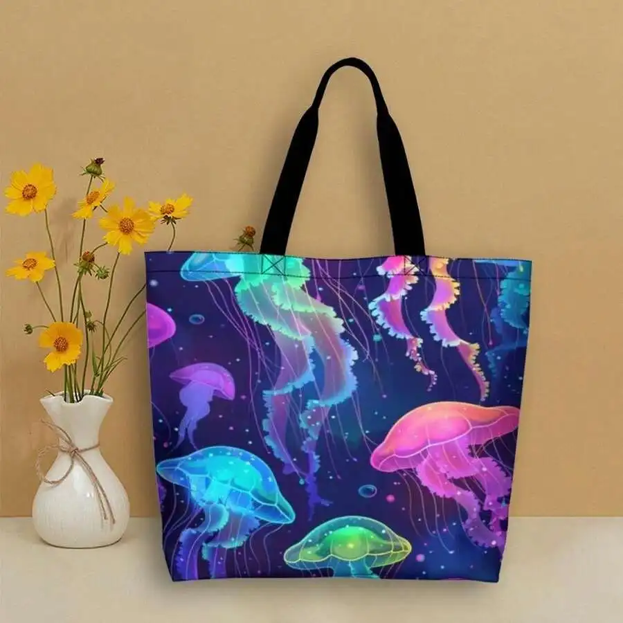 

Neon Jellyfish Print Tote Bag For Adults | Vibrant Ocean Design Cotton Fabric Shopping Bag