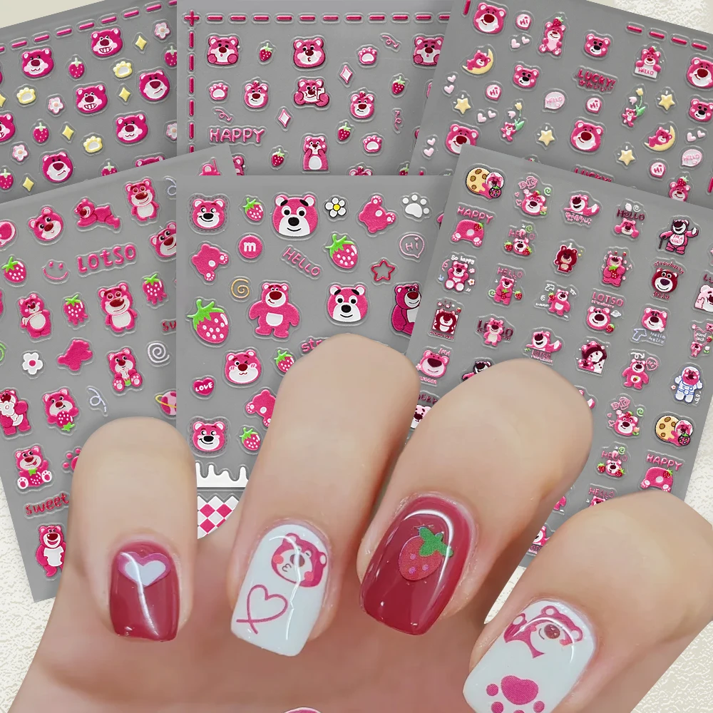 Autocollant pour Nail Art Lotso Bear en relief 5D, décalcomanies adhésives ours fraise doux, curseur Y2K, dessin animé mignon, fournitures de manucure