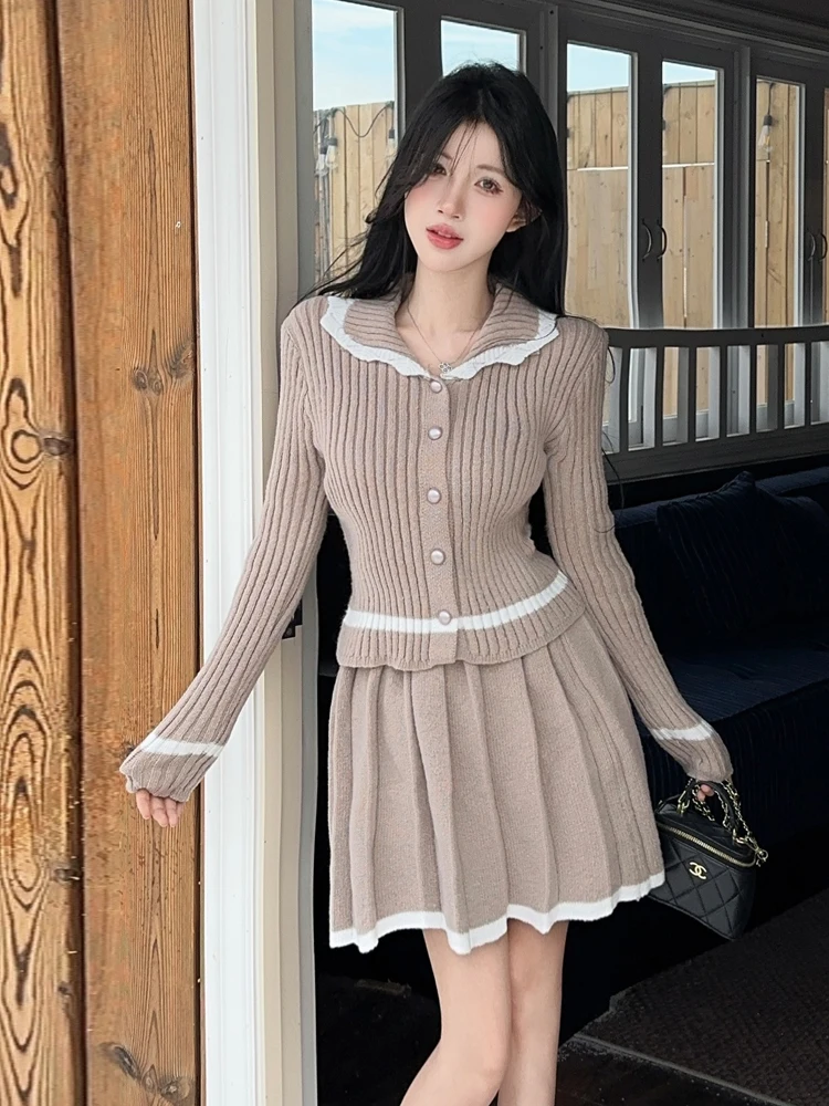Korean Style Anti-Aging Long Sleeve Knitted Shirt Top with Pleated Skirt Two-Piece Set Single Button Color Block Versatile fo...