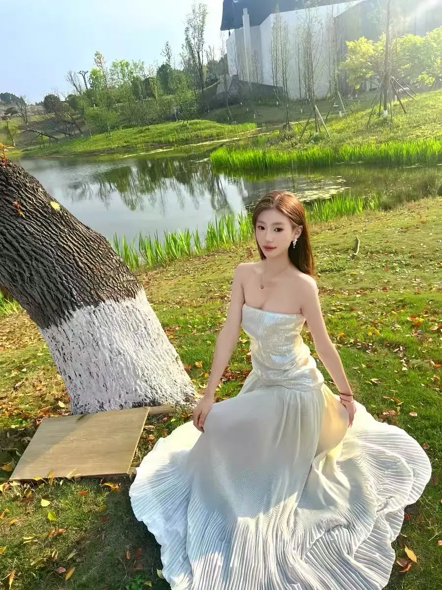 شاطئ البحر فستان مناسبات الصيف عالية الجودة الشعور بالمشاهير التطهير الطابق صافي الشاش تنورة صديرية دائرية فستان مطرز فام