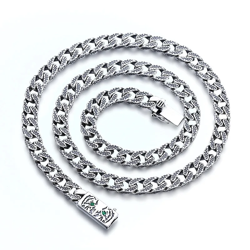 S925 sterling silver Cuban necklace thick type men's tiger head necklace vintage Thai silver trendy jewelry