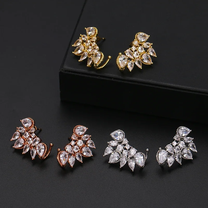 Cute Silver Color Statement Flower Stud Earrings Jewelry with CZ Zirconia Crystal Ear Stud for Women Wedding Gift