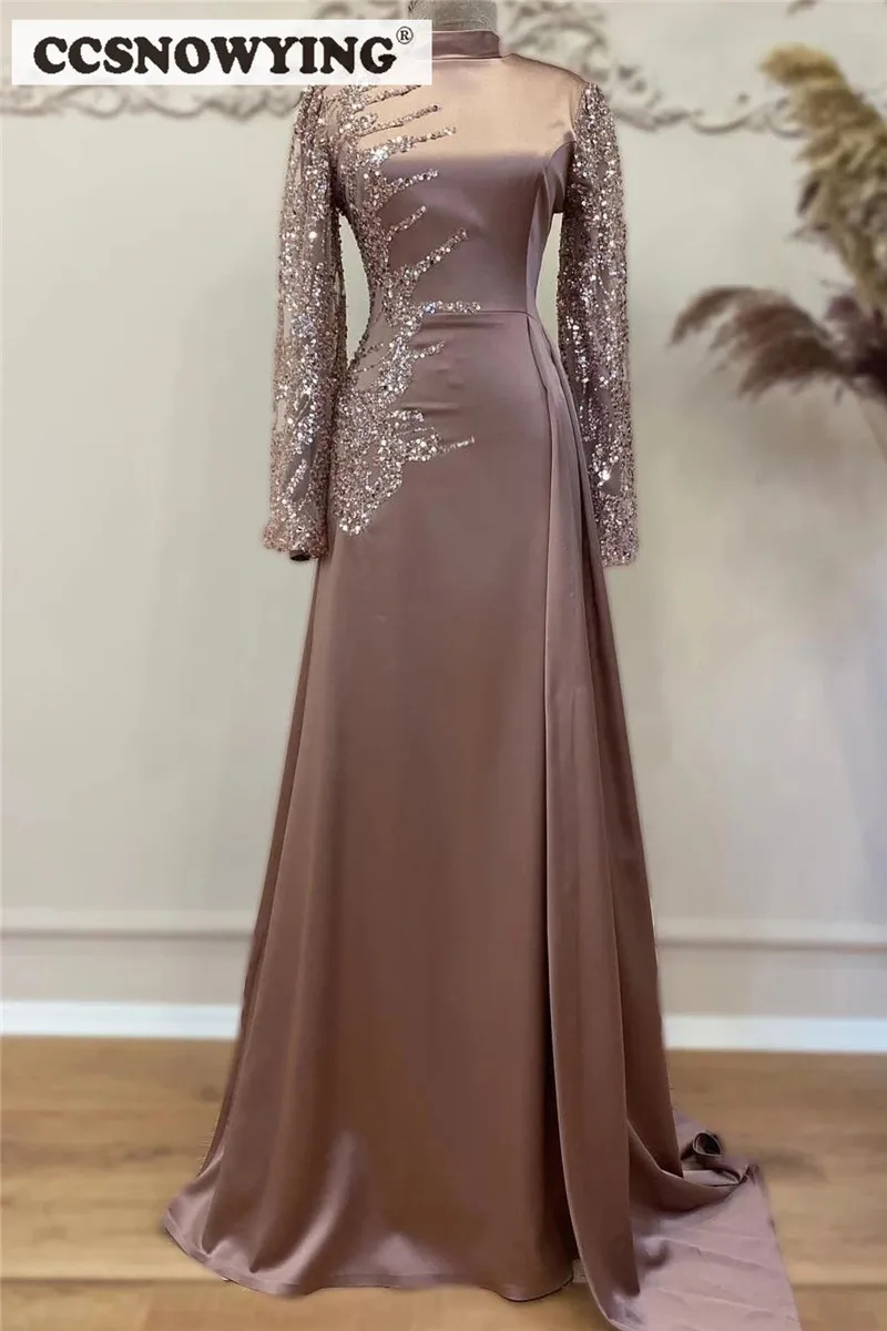 Dusty Rose Satin Sequin Long Sleeve Muslim Evening Dress High Neck Moroccan Caftan A Line Hijab Prom Formal Party Gown