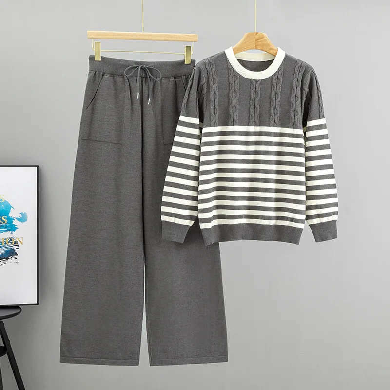 Gestreiften Pullover Pullover Set Frauen Kleidung Herbst Winter Neue Mode Twist Lose Breite bein Hosen Zwei Stück Sets Frauen outifits