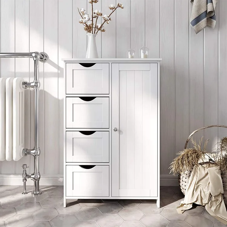 Bathroom Living Room Kitchen Entryway White Single Door Floor Storage Cabinet Wooden Storage Unit with 4 Drawers